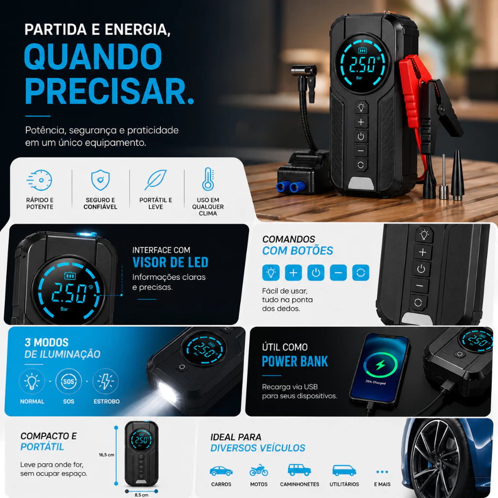 Auxiliar de Partida com Compressor de Ar 4 em 1 com PowerBank 8000mAh - Well Tools®