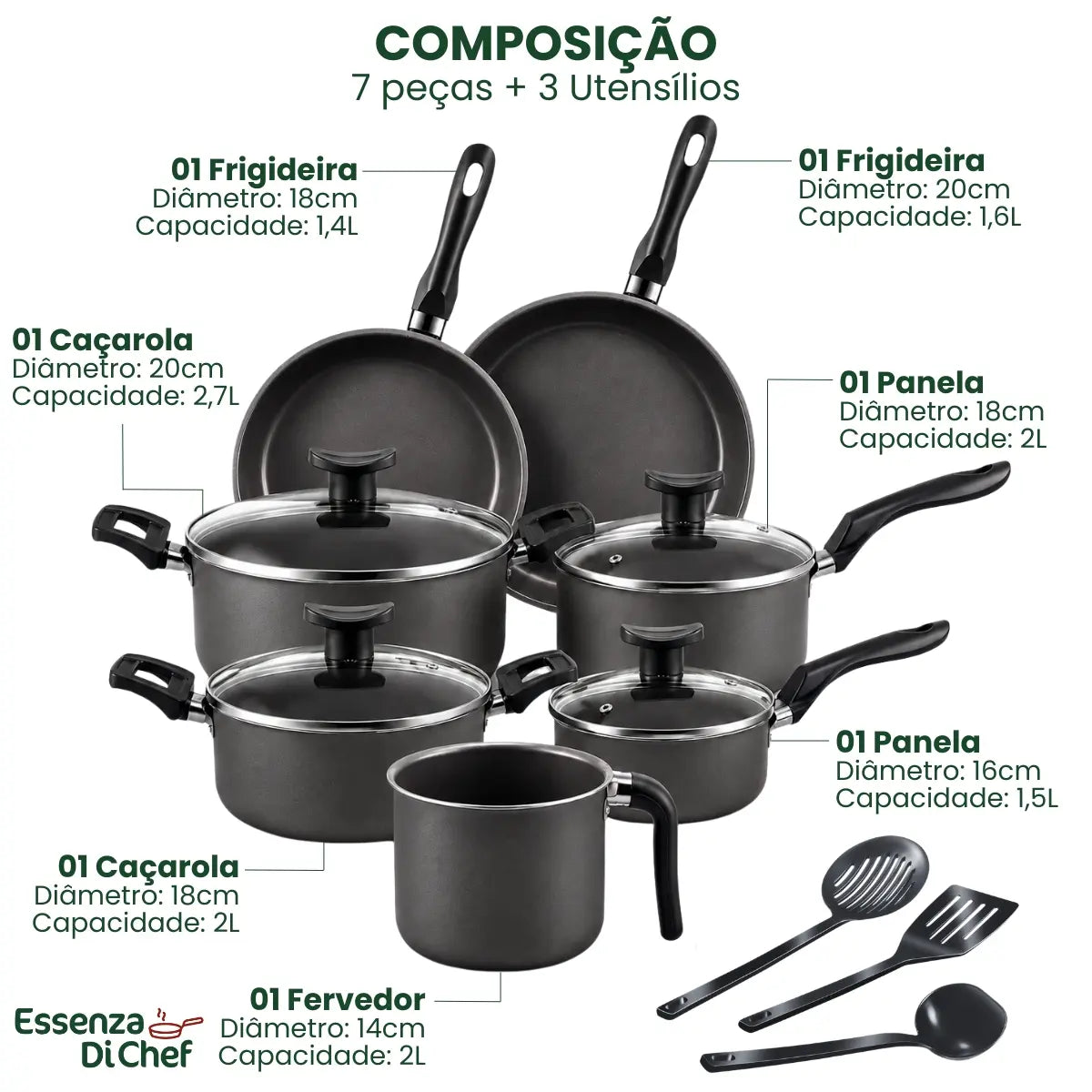 Jogo de Panelas Antiaderentes 10 Peças Teflon com Tampa de Vidro Essenza di Chef - Well Tools®
