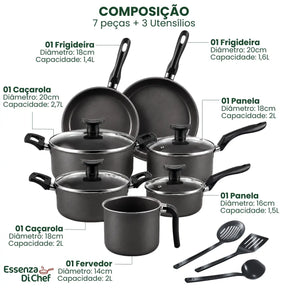 Jogo de Panelas Antiaderentes 10 Peças Teflon com Tampa de Vidro Essenza di Chef - Well Tools®