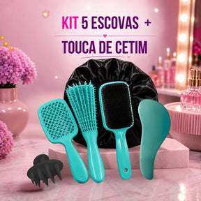 Kit 5 Escovas Cabelo + Touca de Cetim - Well Tools®