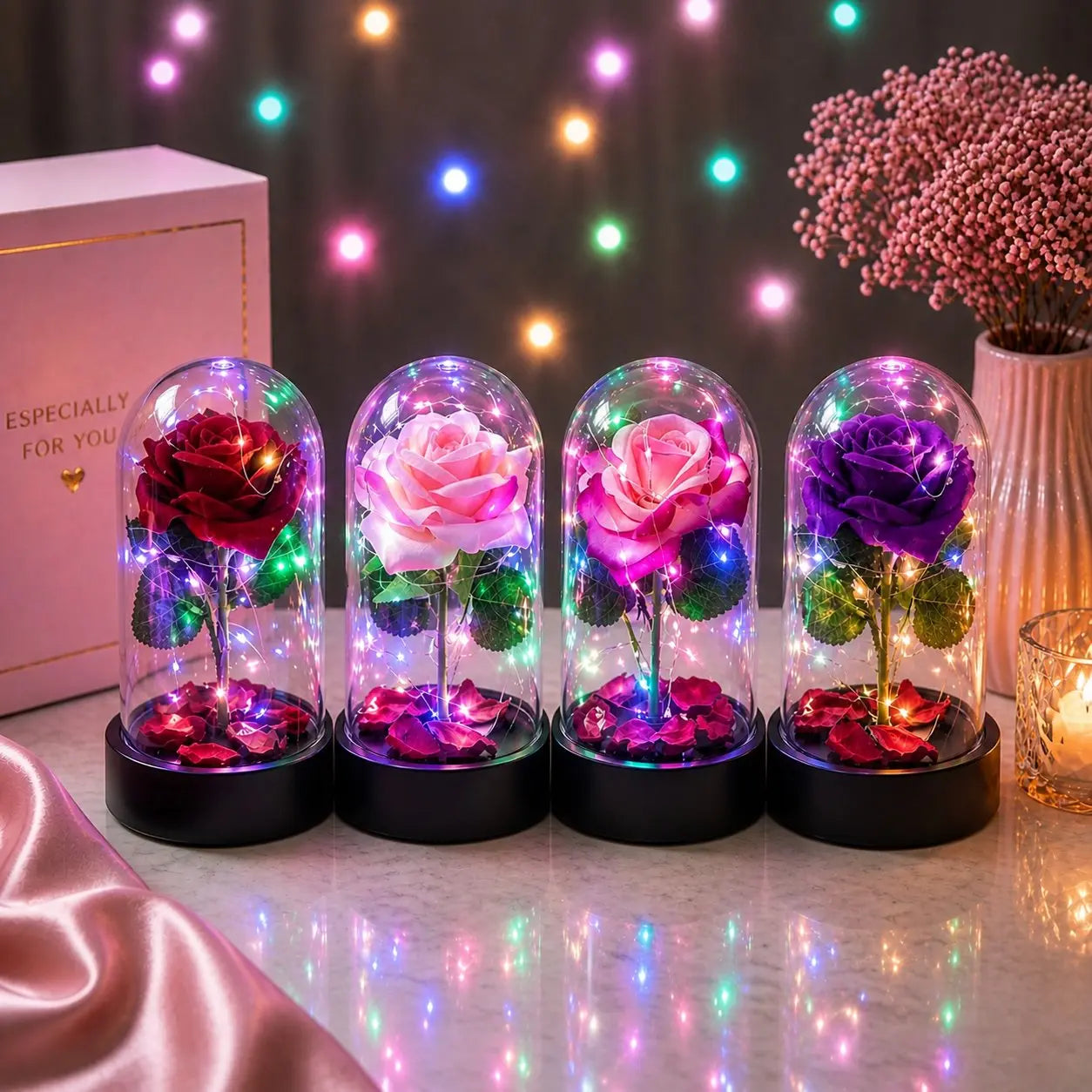 Rosa Encantada com LED – Flor Eterna Decorativa em Cúpula 15cm - Well Tools®