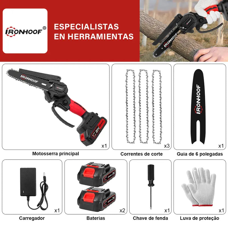 Motosserra Elétrica Brushless 6" sem Fio com Luva e 2 Baterias Recarregáveis Portátil – Well Tools®