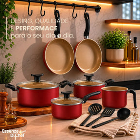 Jogo de Panelas Antiaderentes 10 Peças Teflon com Tampa de Vidro Essenza di Chef - Well Tools®