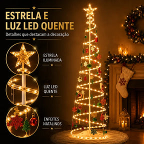 Árvore de Natal Espiral LED 1,80m com Papai Noel e Enfeites Decorativos – Well Tools®