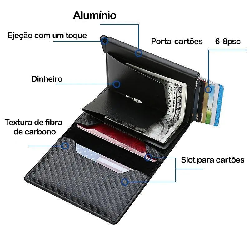 Carteira Masculina Couro PU Preta RFID Anti-Roubo Automática - Well Tools®