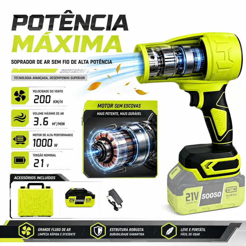 Soprador de Folhas Sem Fio Turbo Jato Potente com Motor de Cobre para Casa, Jardim e Carro – Well Tools®