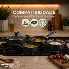 Jogo de Panelas Antiaderentes 10 Peças Teflon com Tampa de Vidro Essenza di Chef - Well Tools®