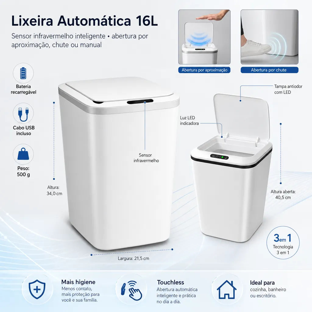 Lixeira Inteligente Automática 16L com Sensor Recarregável - Well Tools®