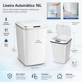 Lixeira Inteligente Automática 16L com Sensor Recarregável - Well Tools®