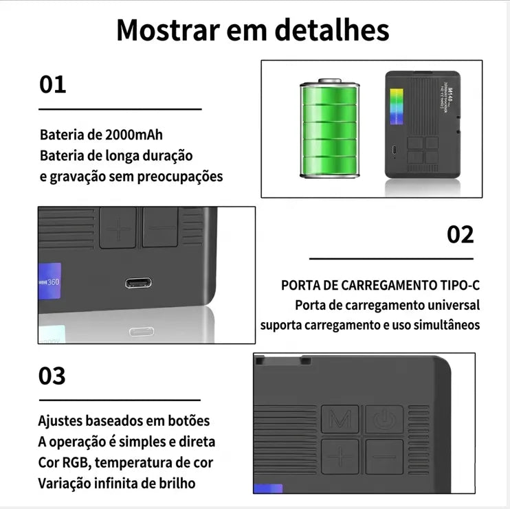 Luz LED RGB Portátil para Celular e Câmera 2700-6500K CRI95 1800mAh - Well Tools®