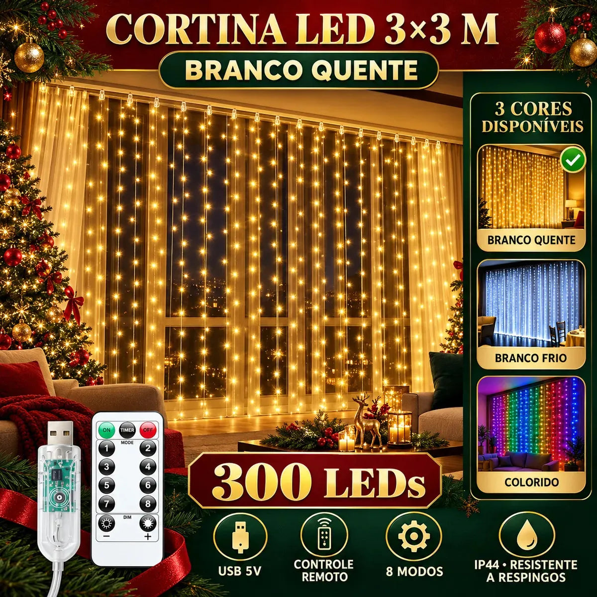 Cortina de LED 320 Luzes 3x3m para Decoração de Natal, Festas e Casamentos – Well Tools®