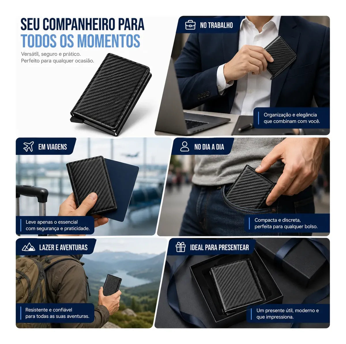 Carteira Masculina Couro PU Preta RFID Anti-Roubo Automática - Well Tools®