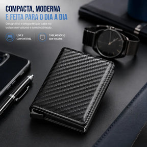 Carteira Masculina Couro PU Preta RFID Anti-Roubo Automática - Well Tools®