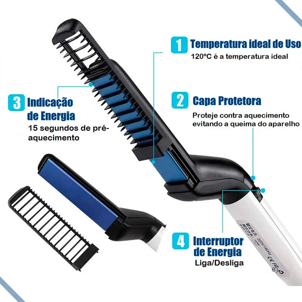 Escova Elétrica para Barba e Cabelo Bivolt – Pente Alisador Portátil Masculino - Well Tools®