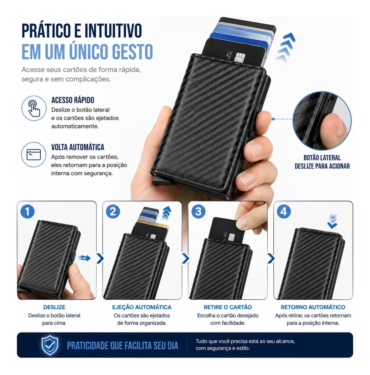 Carteira Masculina Couro PU Preta RFID Anti-Roubo Automática - Well Tools®