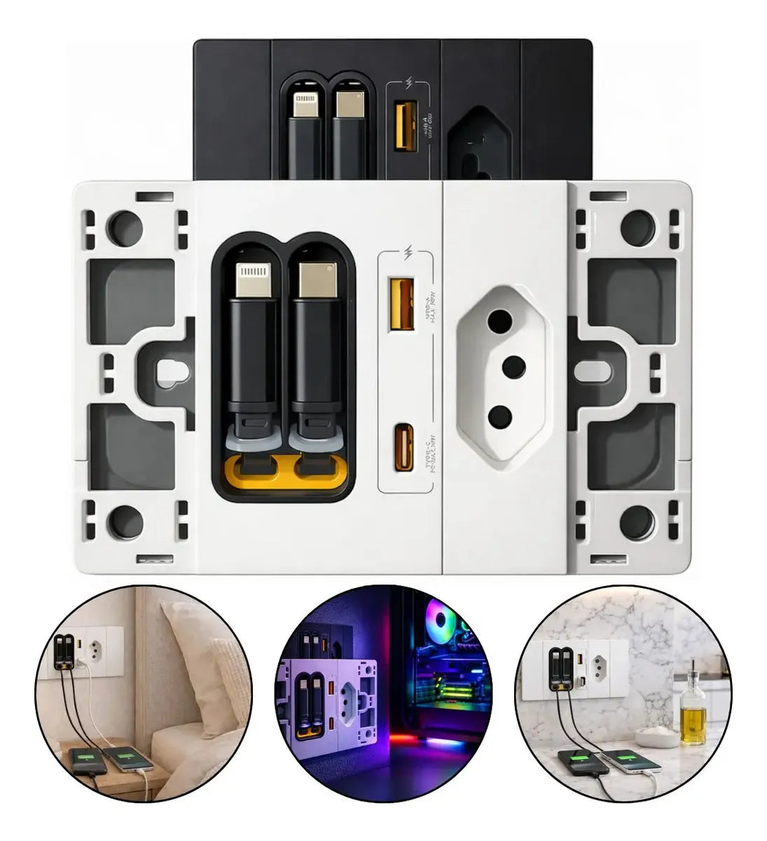 Tomada Inteligente — tomada, USB, USB-C e 2 cabos retráteis numa peça só - Well Tools®
