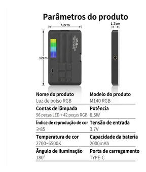 Luz LED RGB Portátil para Celular e Câmera 2700-6500K CRI95 1800mAh - Well Tools®