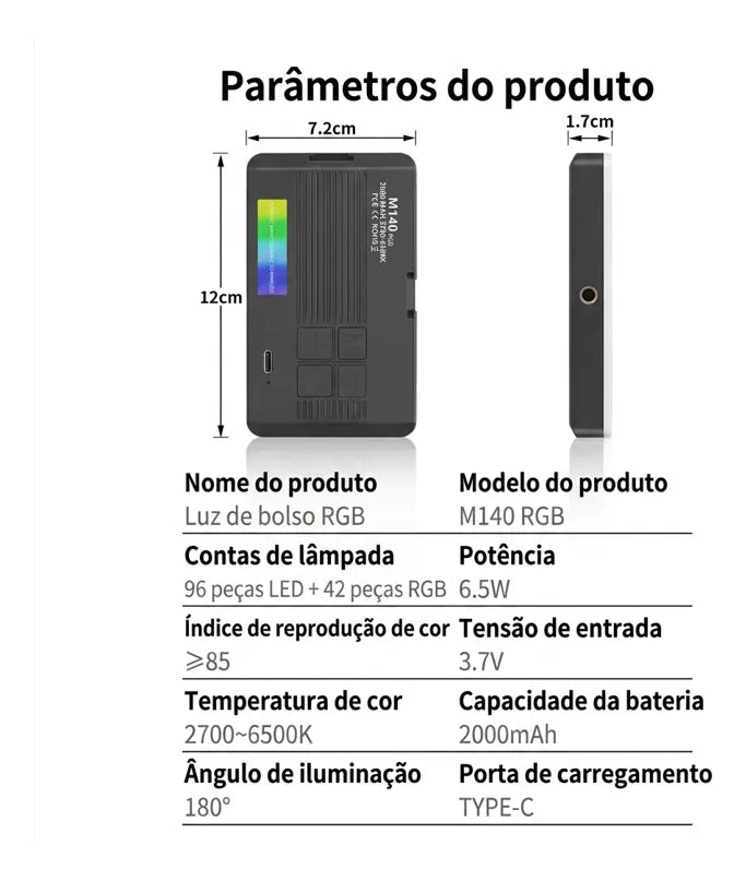 Luz LED RGB Portátil para Celular e Câmera 2700-6500K CRI95 1800mAh - Well Tools®