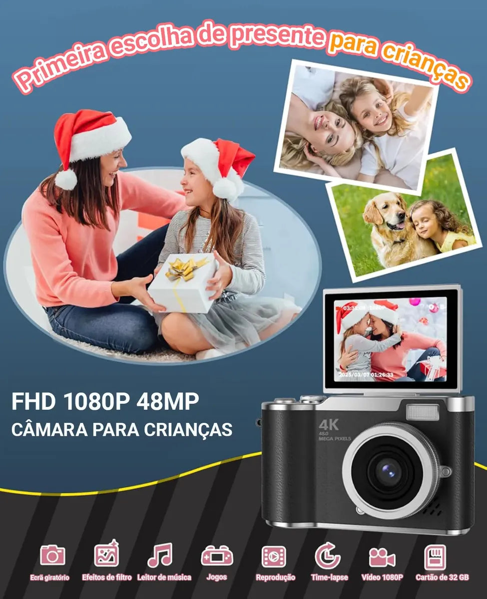 Câmera Retrô Digital 8X Zoom HD com Tela Flip LED 2,4" - Well Tools®