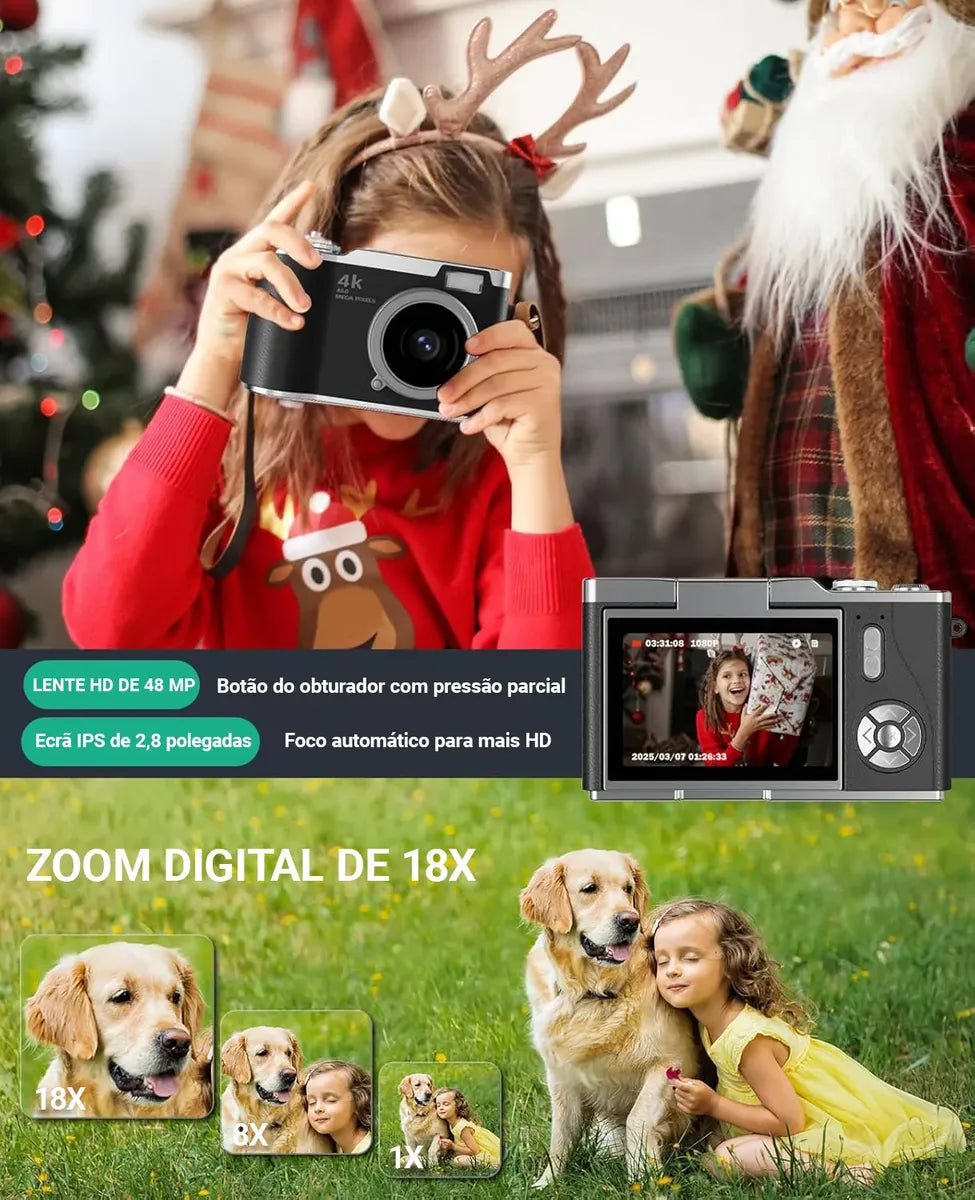 Câmera Retrô Digital 8X Zoom HD com Tela Flip LED 2,4" - Well Tools®