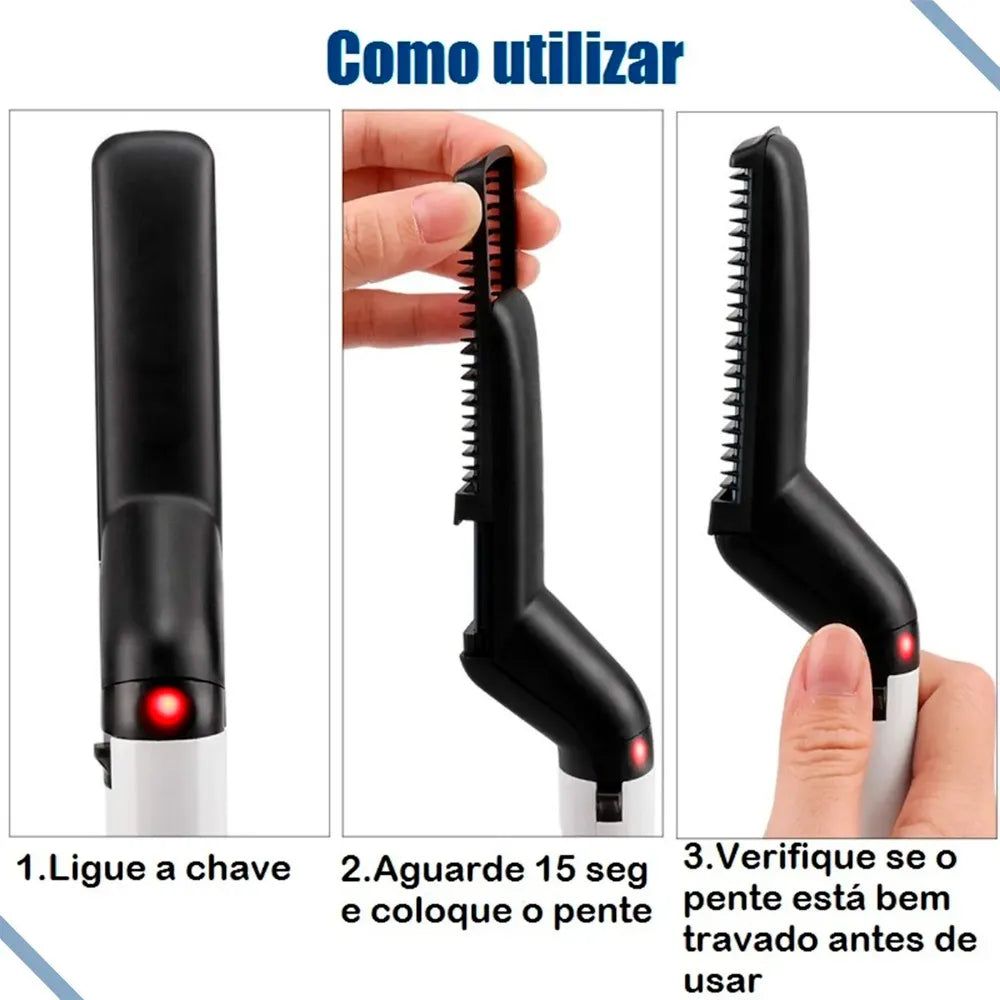 Escova Elétrica para Barba e Cabelo Bivolt – Pente Alisador Portátil Masculino - Well Tools®