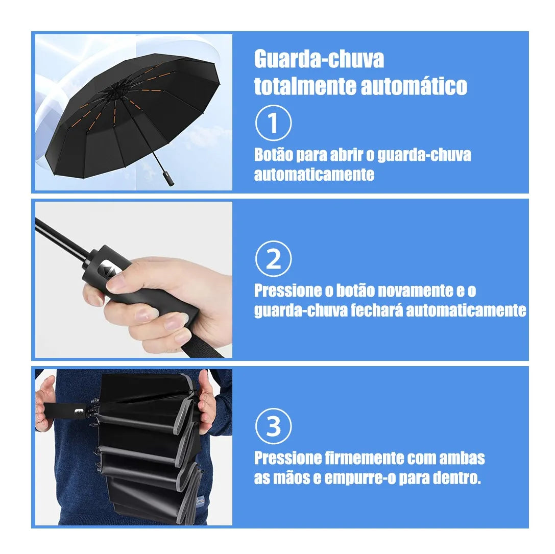 Guarda-Chuva Automático Grande 12 Hastes UV Reforçado Dobrável - Well Tools®