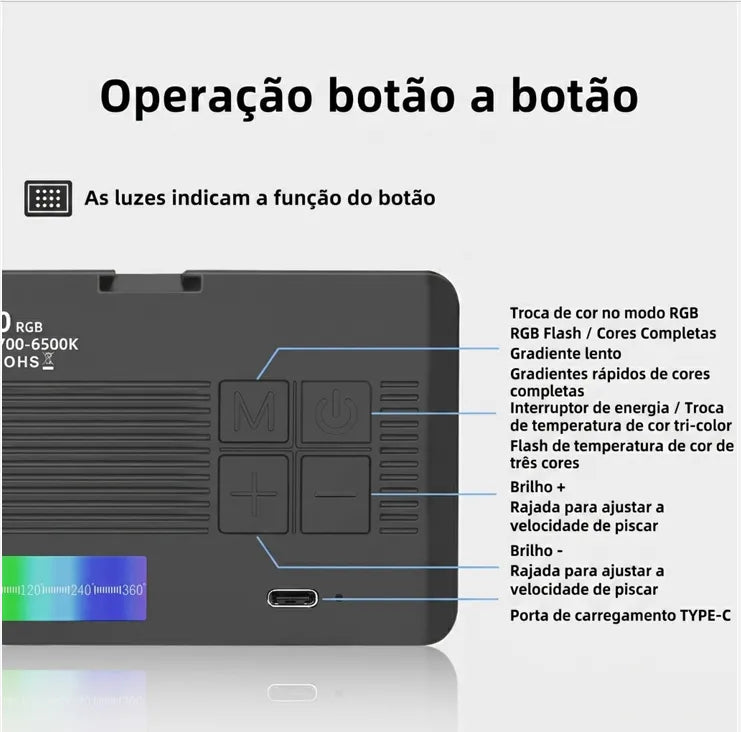 Luz LED RGB Portátil para Celular e Câmera 2700-6500K CRI95 1800mAh - Well Tools®