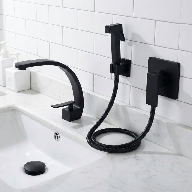 (KIT LAVATÓRIO PRETO)  Torneira + Ducha + Ralo Click