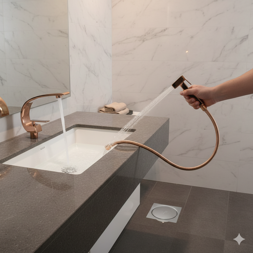 (KIT LAVATÓRIO ROSE GOLD) Torneira + Ducha + Ralo Click