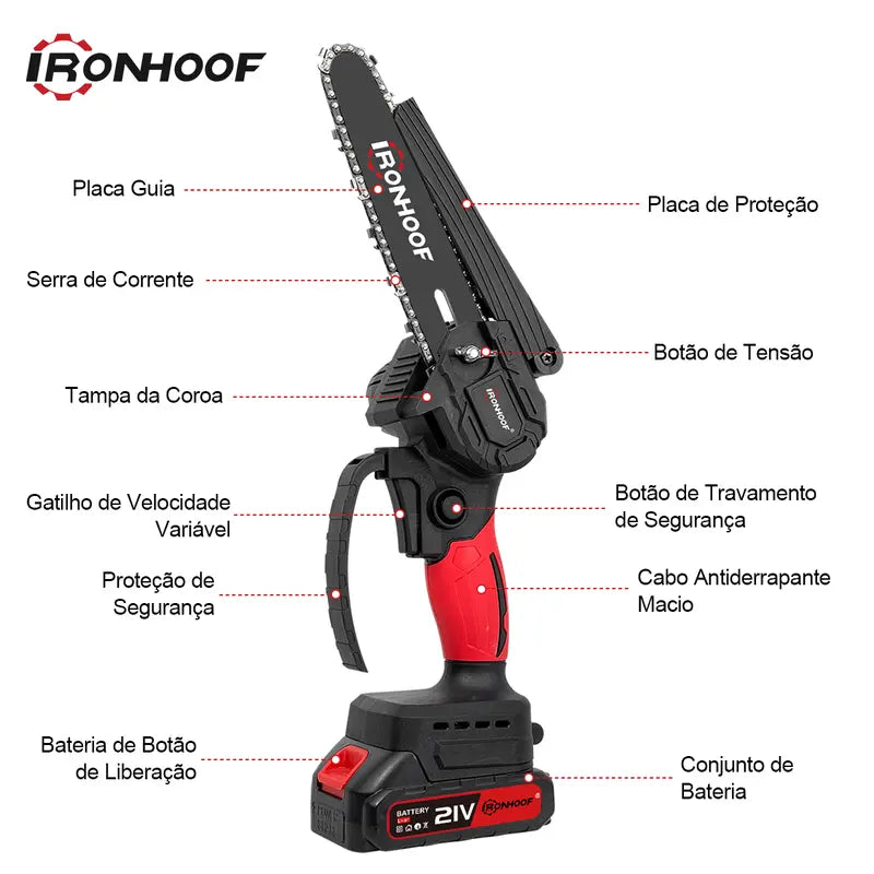 Motosserra Elétrica Brushless 6" sem Fio com Luva e 2 Baterias Recarregáveis Portátil – Well Tools®