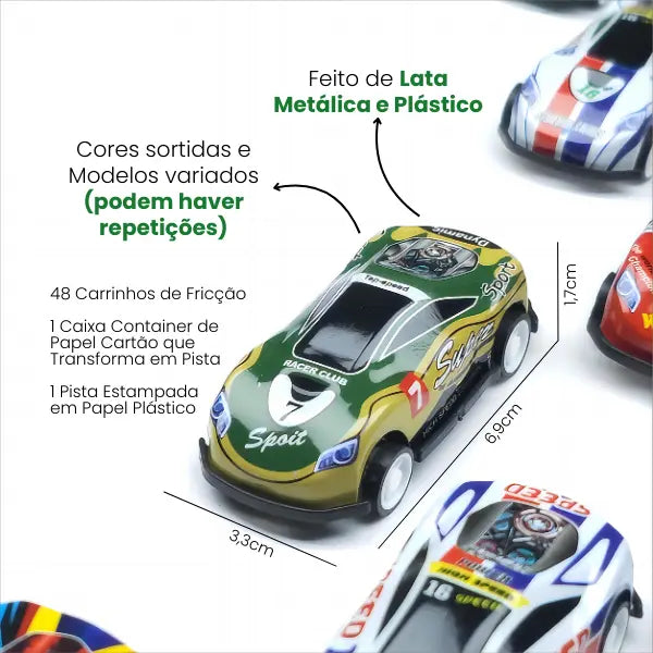 Kit 48 Carrinhos de Fricção com Pista e Mapa Interativo – Brinquedo Infantil Educativo – Well Tools®