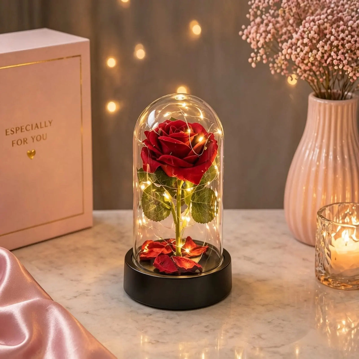 Rosa Encantada com LED – Flor Eterna Decorativa em Cúpula 15cm - Well Tools®