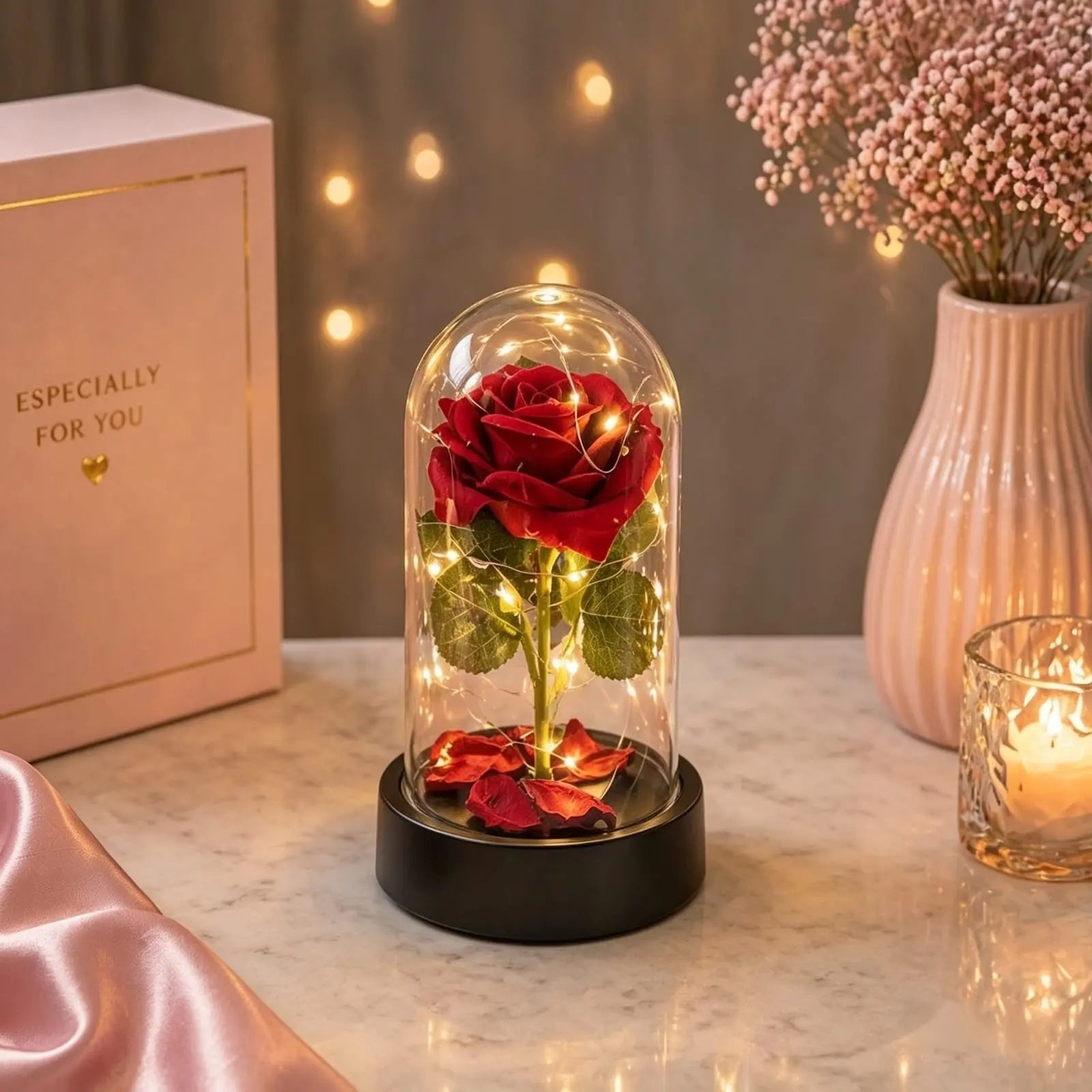 Rosa Encantada com LED – Flor Eterna Decorativa em Cúpula 15cm - Well Tools®
