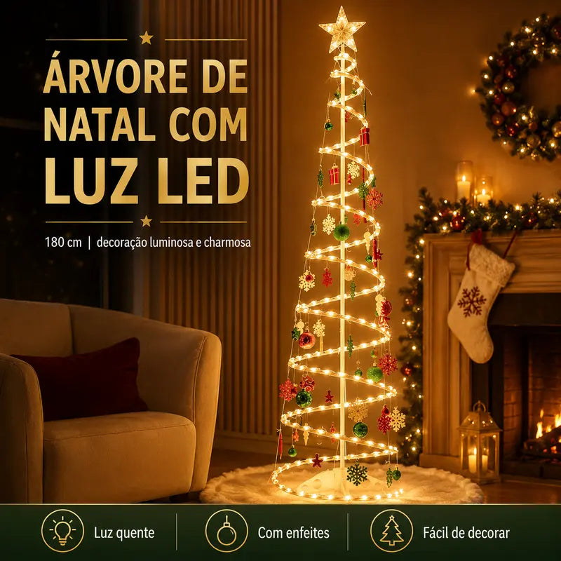 Árvore de Natal Espiral LED 1,80m com Papai Noel e Enfeites Decorativos – Well Tools®