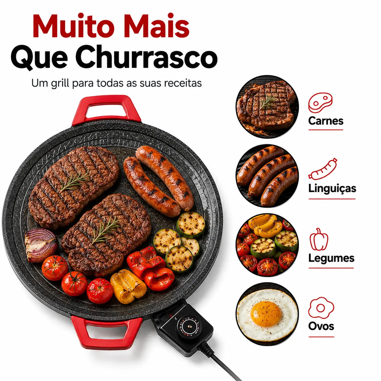 Churrasqueira Elétrica 36cm com Chapa Antiaderente e 5 Níveis de Temperatura - Well Tools®