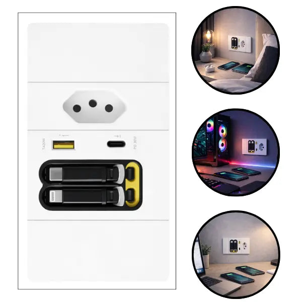 Tomada Inteligente — tomada, USB, USB-C e 2 cabos retráteis numa peça só - Well Tools®