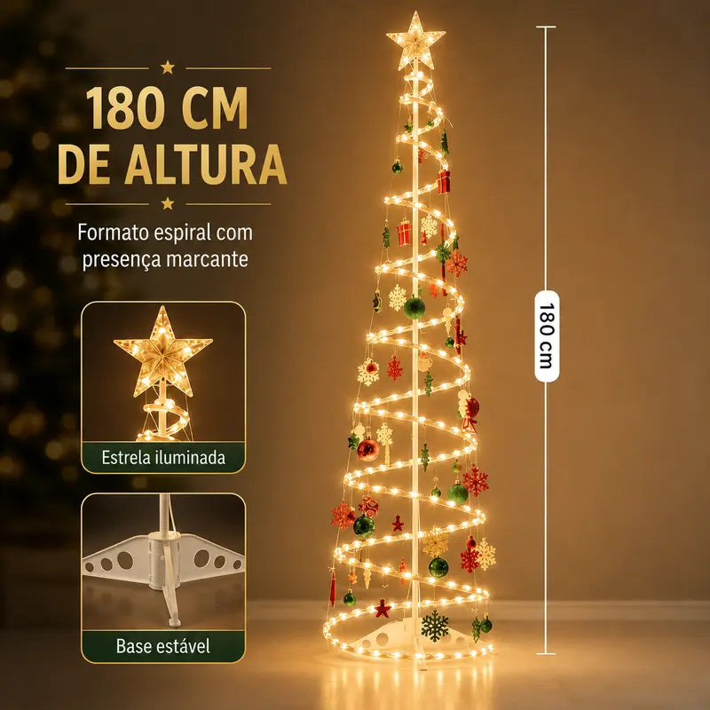Árvore de Natal Espiral LED 1,80m com Papai Noel e Enfeites Decorativos – Well Tools®