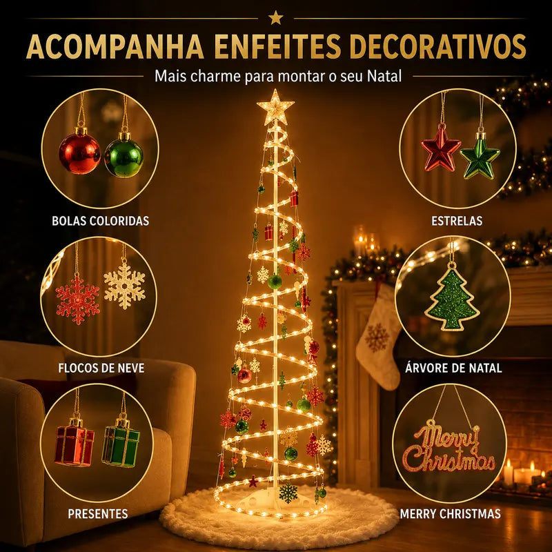 Árvore de Natal Espiral LED 1,80m com Papai Noel e Enfeites Decorativos – Well Tools®