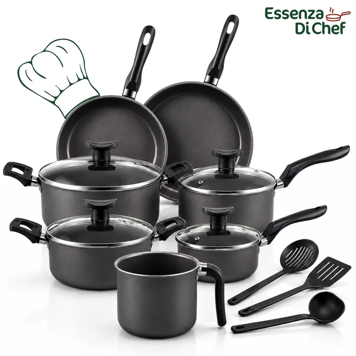 Jogo de Panelas Antiaderentes 10 Peças Teflon com Tampa de Vidro Essenza di Chef - Well Tools®