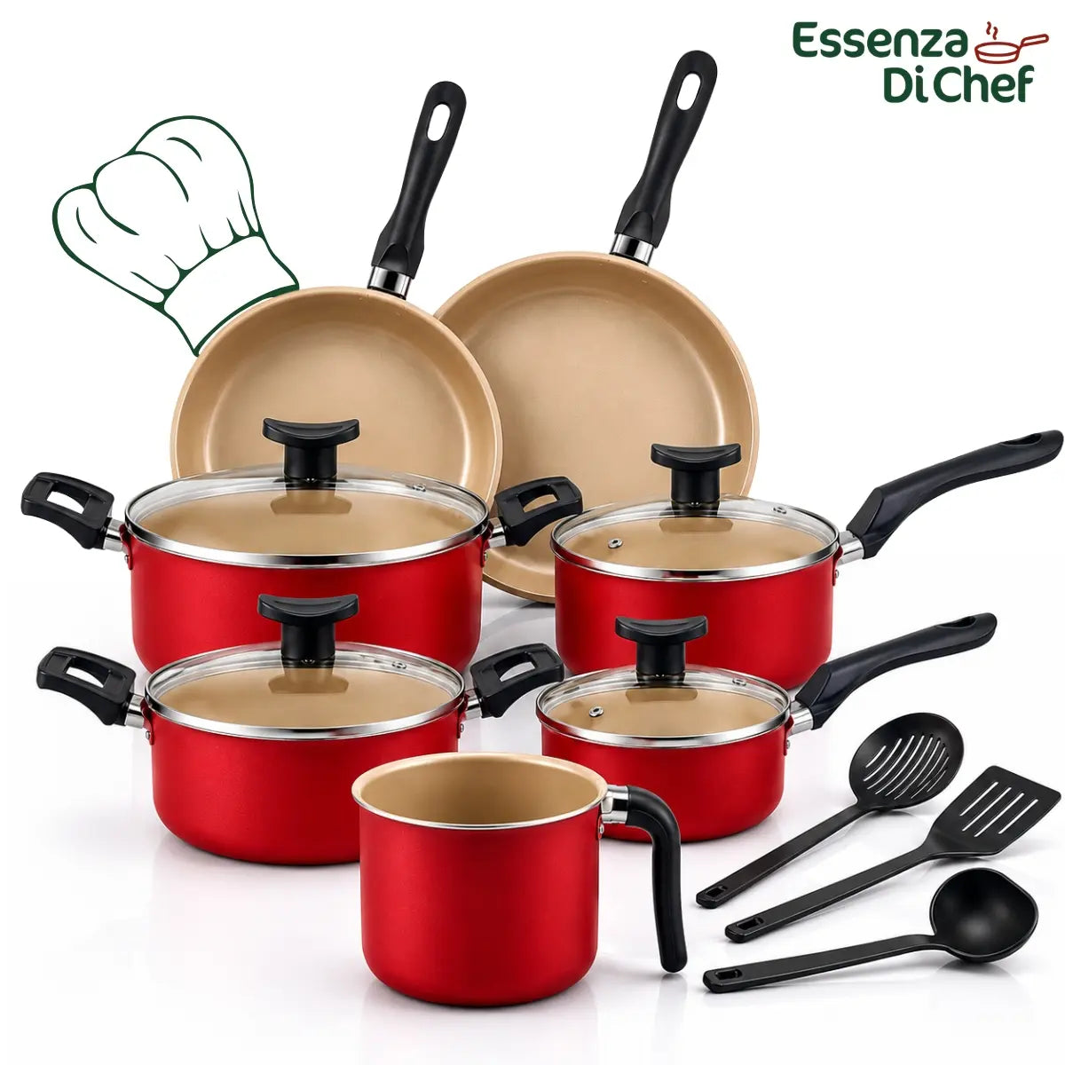 Jogo de Panelas Antiaderentes 10 Peças Teflon com Tampa de Vidro Essenza di Chef - Well Tools®
