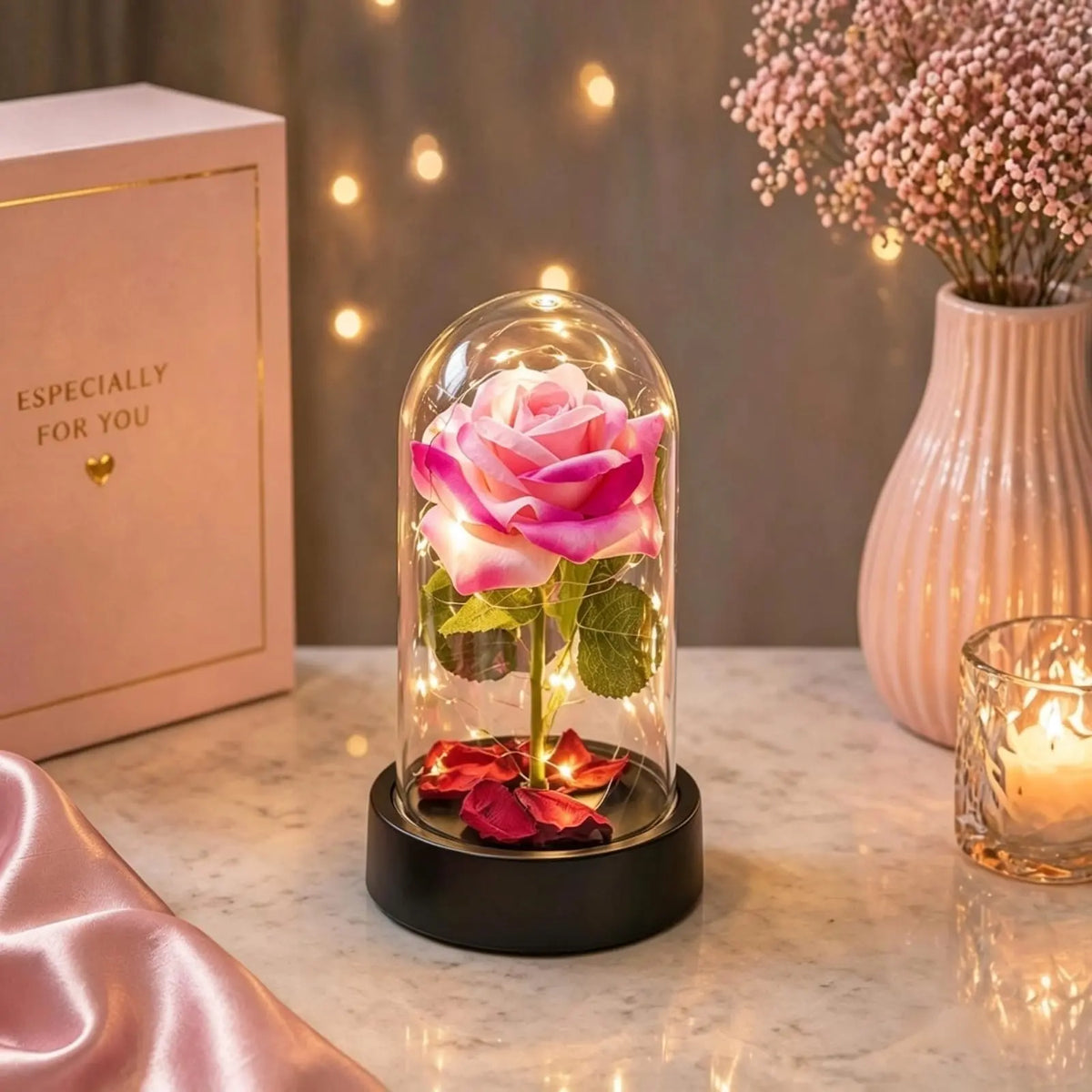 Rosa Encantada com LED – Flor Eterna Decorativa em Cúpula 15cm - Well Tools®