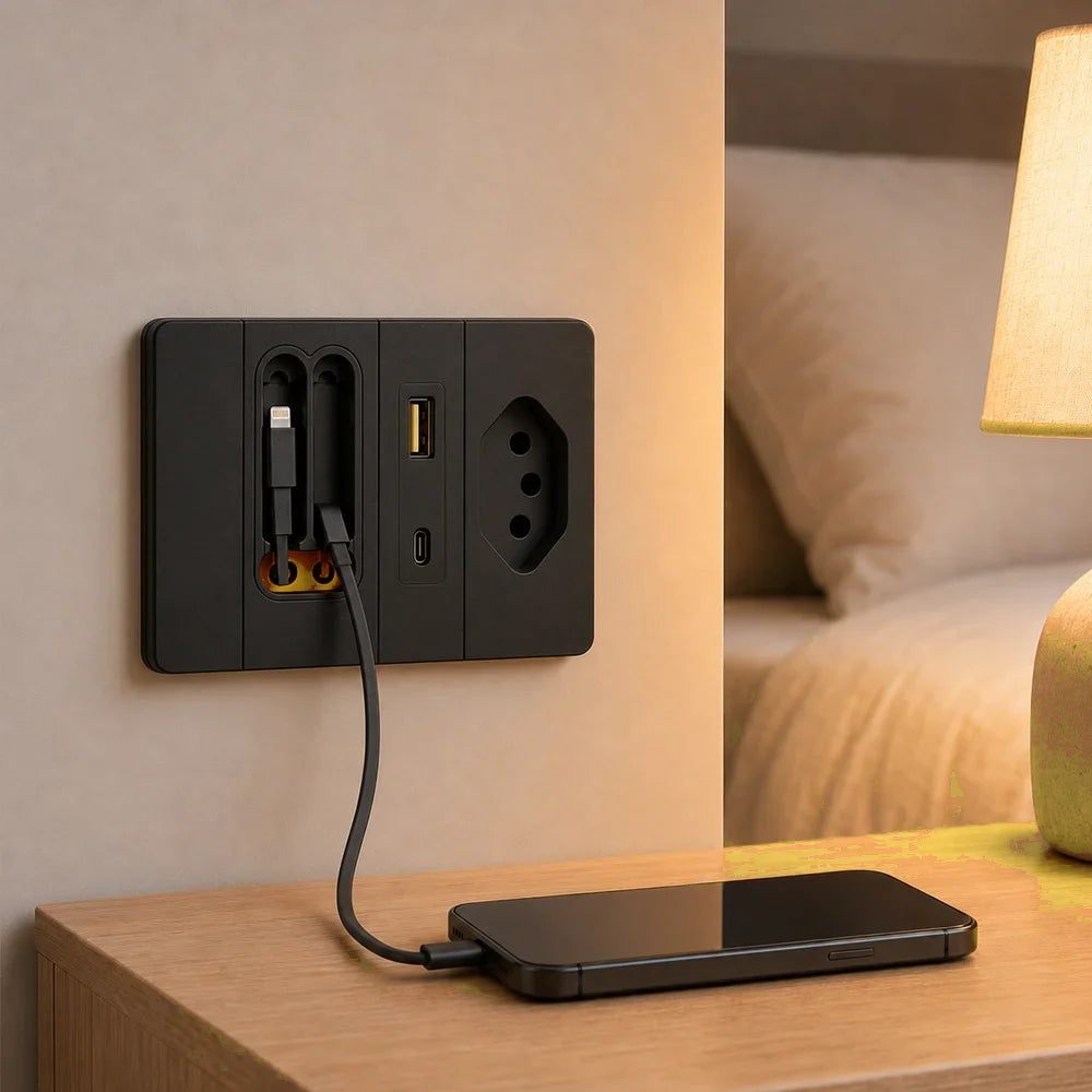 Tomada Inteligente — tomada, USB, USB-C e 2 cabos retráteis numa peça só - Well Tools®